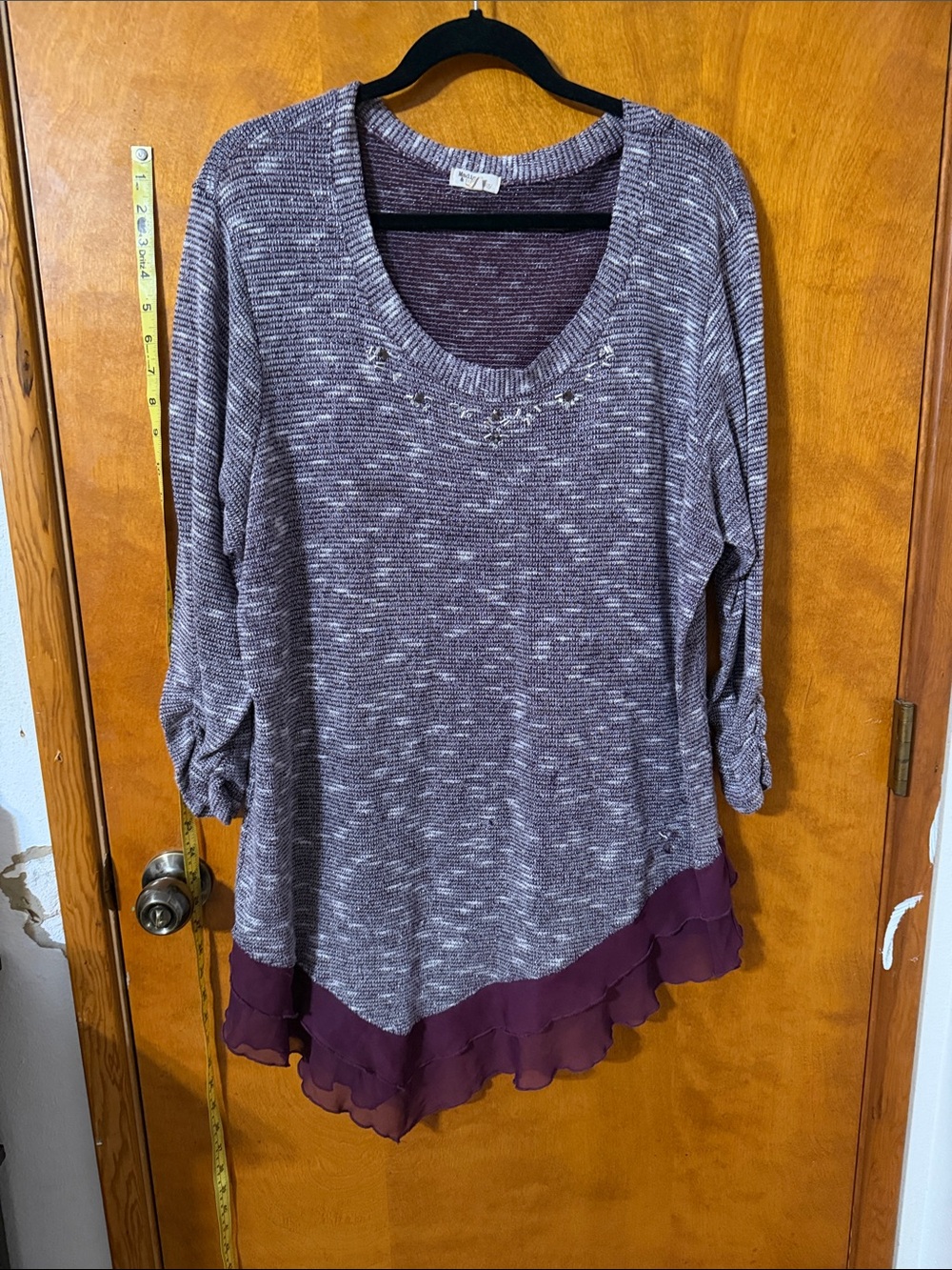 Madison & Berkeley Marled Plum Knit Tunic with Ruffled Hem